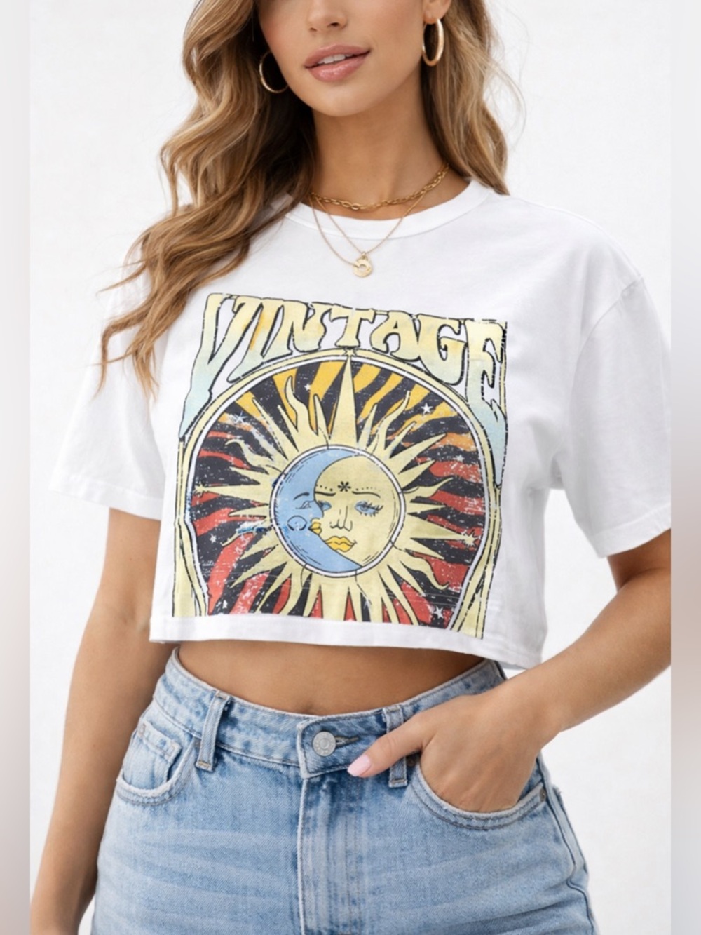 💖 Shein Vintage Sun Moon Crop‎ Tee White Boho Graphic Top Size L 💖